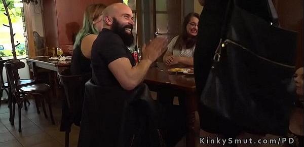  Busty slave gets facial in public bar